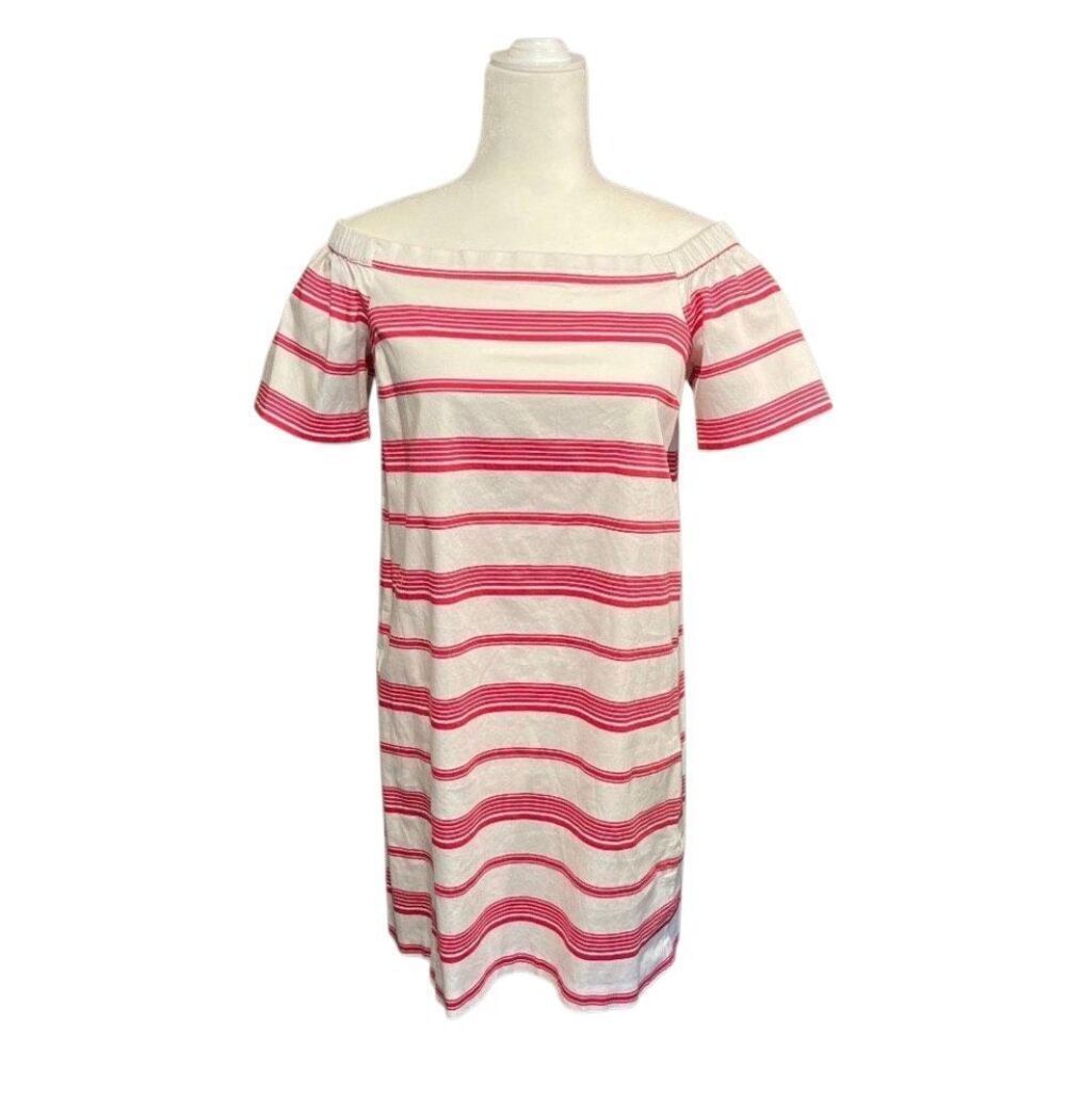 Maison Jules hot pink and white striped short sleeve off-shoulder cotton sheath